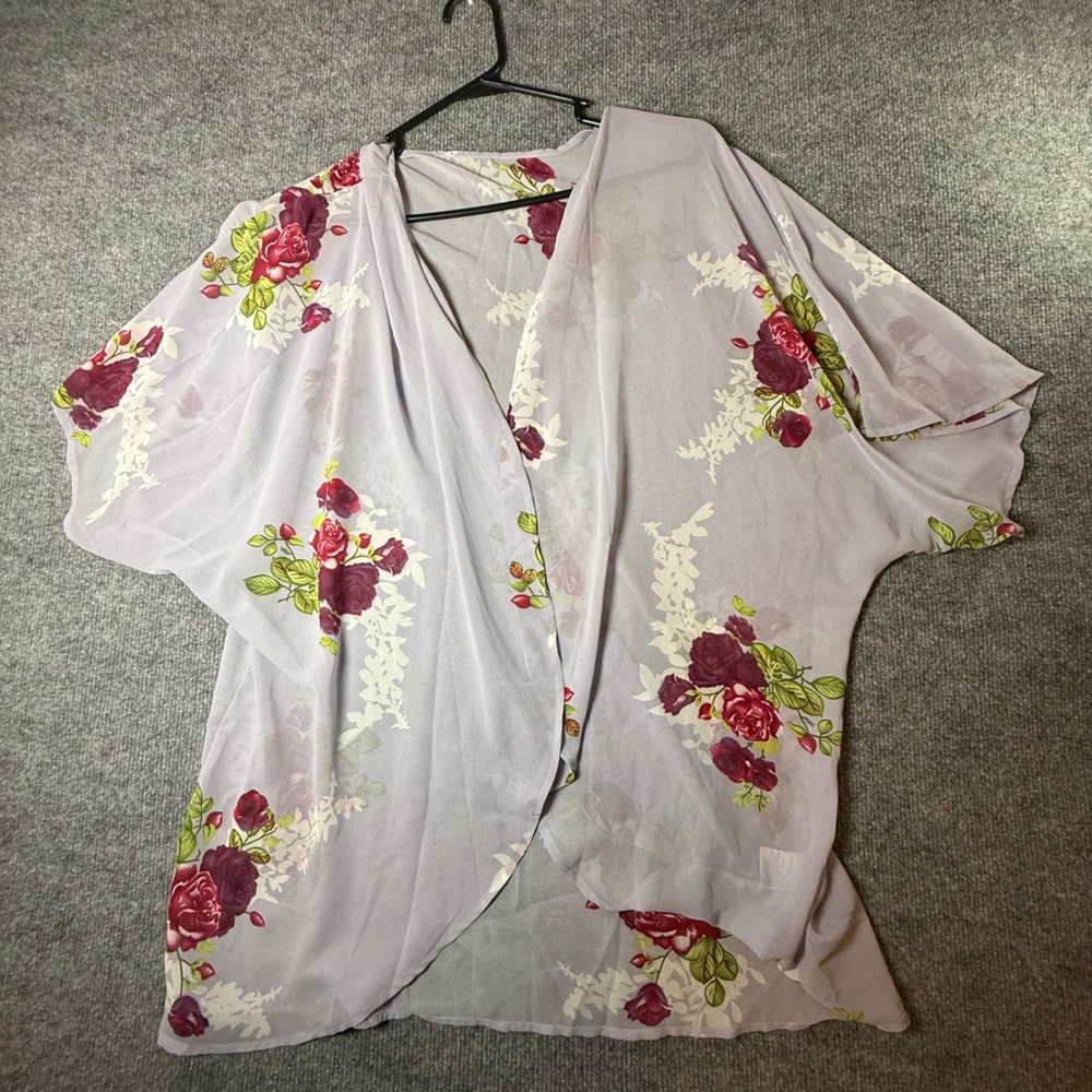 Womens Lavender Floral Rose Chiffon Kimono Wrap Open‎ Front Cardigan 3XL